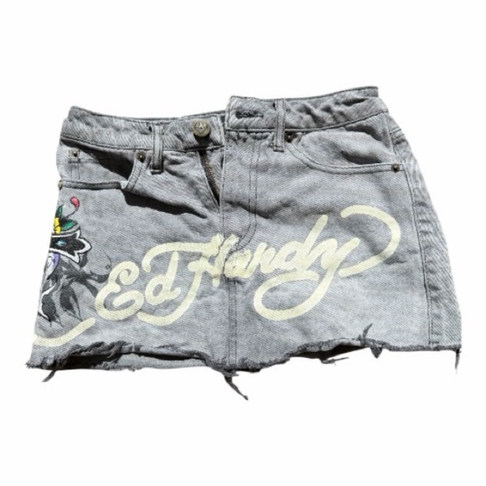 Ed Hardy Gray Mini Denim Skirt with Graphic Design